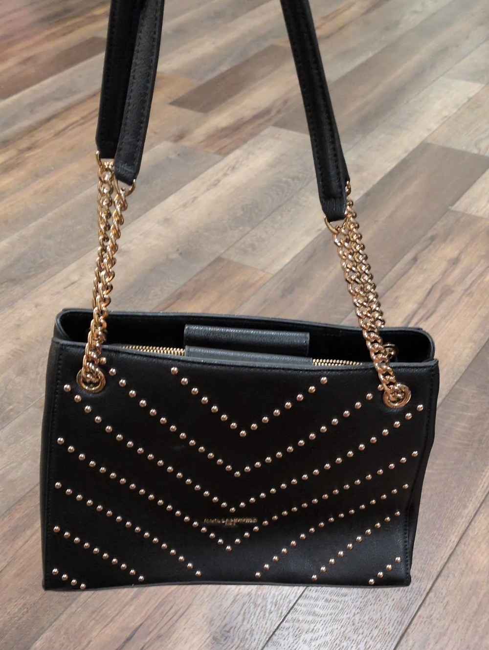 Karl Lagerfeld Black Shoulder Bag with Gold Studs & Chain Strap
